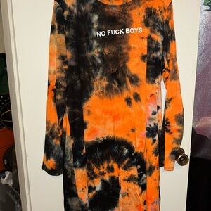 Orange and Black Tie-Dye Long Sleeve Dress